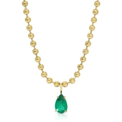 Hot BALL CHAIN NECKLACE WITH PEAR SHAPED EMERALD PENDANT One Of A Kind