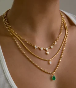 Hot BALL CHAIN NECKLACE WITH PEAR SHAPED EMERALD PENDANT One Of A Kind