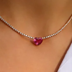 Fashion DIAMOND HEPBURN NECKLACE WITH HEART SHAPED PINK SAPPHIRE CENTER One Of A Kind