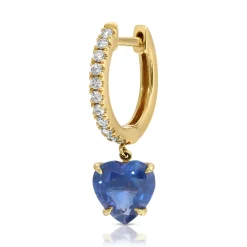Shop DIAMOND HUGGIE WITH HEART SHAPED BLUE SAPPHIRE DROP One Of A Kind