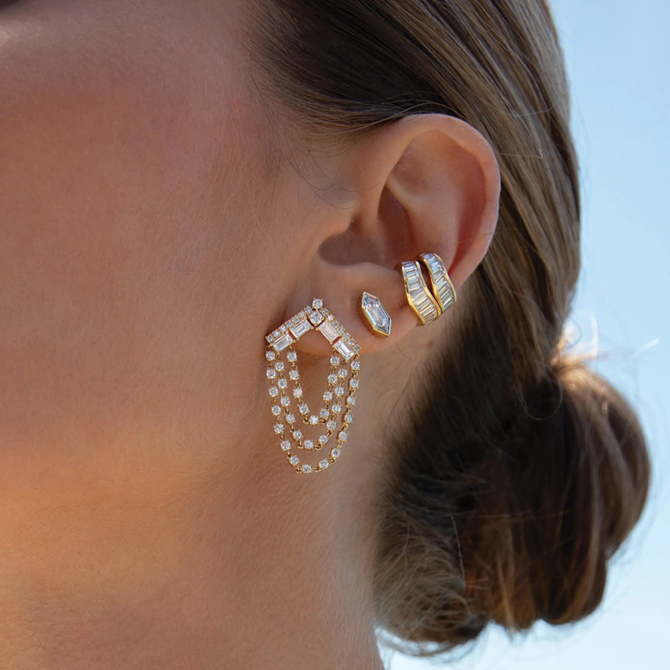 Cheap ELONGATED HEXAGON CUT BEZELED DIAMOND STUDS One Of A Kind