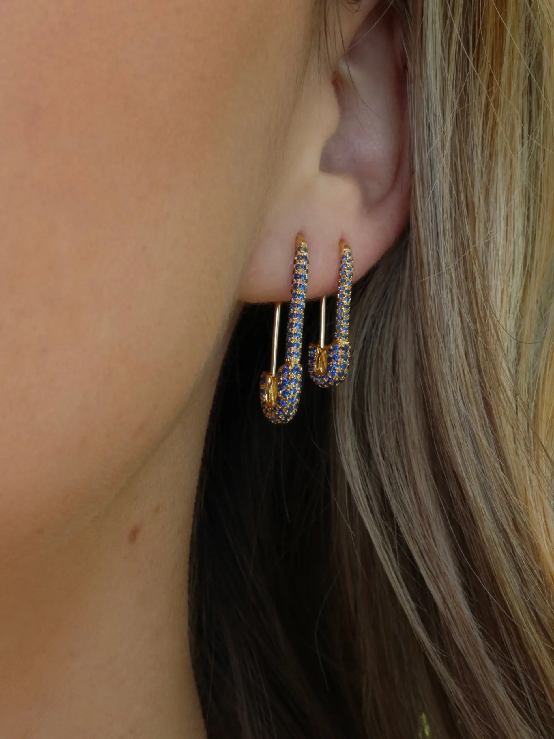 Flash Sale MINI BLUE SAPPHIRE SAFETY PIN EARRING Safety Pins & Clips