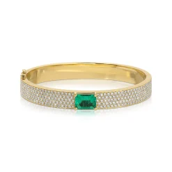 Cheap PAVE DIAMOND OVAL BRACELET WITH EMERALD CUT COLOMBIAN EMERALD CENTER One Of A Kind|Bangles