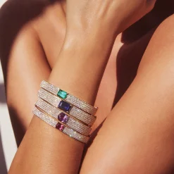 Cheap PAVE DIAMOND OVAL BRACELET WITH EMERALD CUT COLOMBIAN EMERALD CENTER One Of A Kind|Bangles