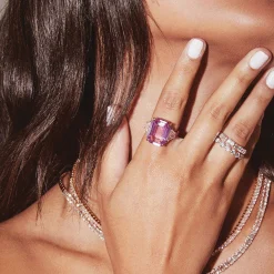Flash Sale PINK SAPPHIRE CUSHION CUT RING WITH TRAPEZOID DIAMONDS One Of A Kind