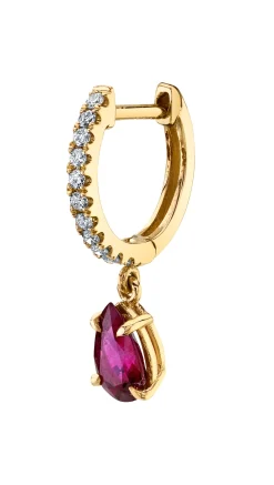 Hot SINGLE DIAMOND HUGGIE WITH PEAR-SHAPED RUBY DROP Huggies