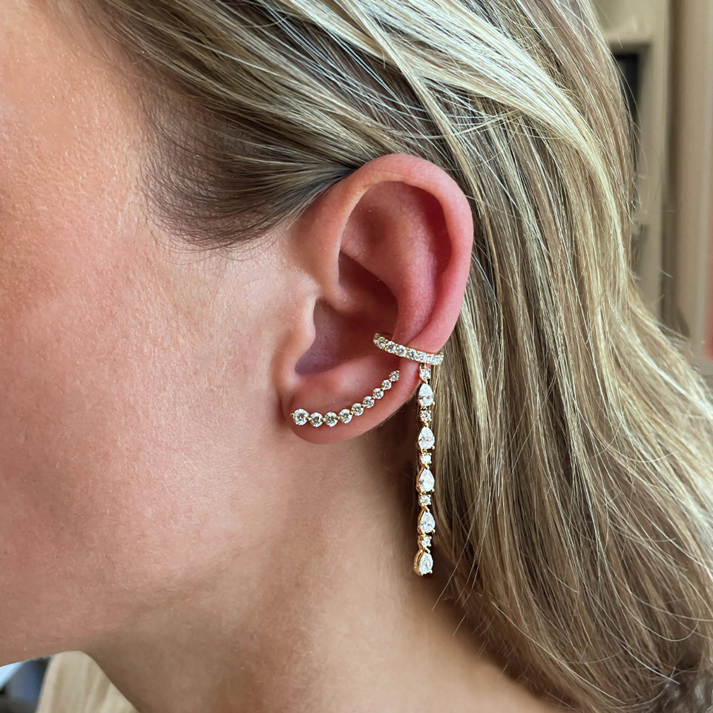 Clearance SINGLE ROW DIAMOND EAR CUFF WITH 5 PEAR AND ROUND DIAMOND DROPS Ear Cuffs