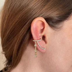 Best Sale SINLGE ROW DIAMOND EAR CUFF WITH 3 PEAR AND ROUND DIAMOND DROPS Ear Cuffs