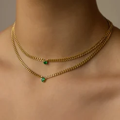 Shop SMALL CUBAN LINK NECKLACE WITH ROUND EMERALD CENTER STONE One Of A Kind
