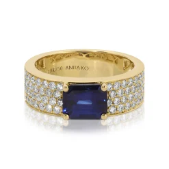 Best WIDE DIAMOND BAND WITH EMERALD CUT BLUE SAPPHIRE CENTER One Of A Kind